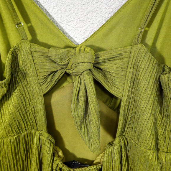 Lulus Dress Garden Glam Olive Green Pleated Midi Satin Sheen Tie Back Size L - Picture 3 of 10